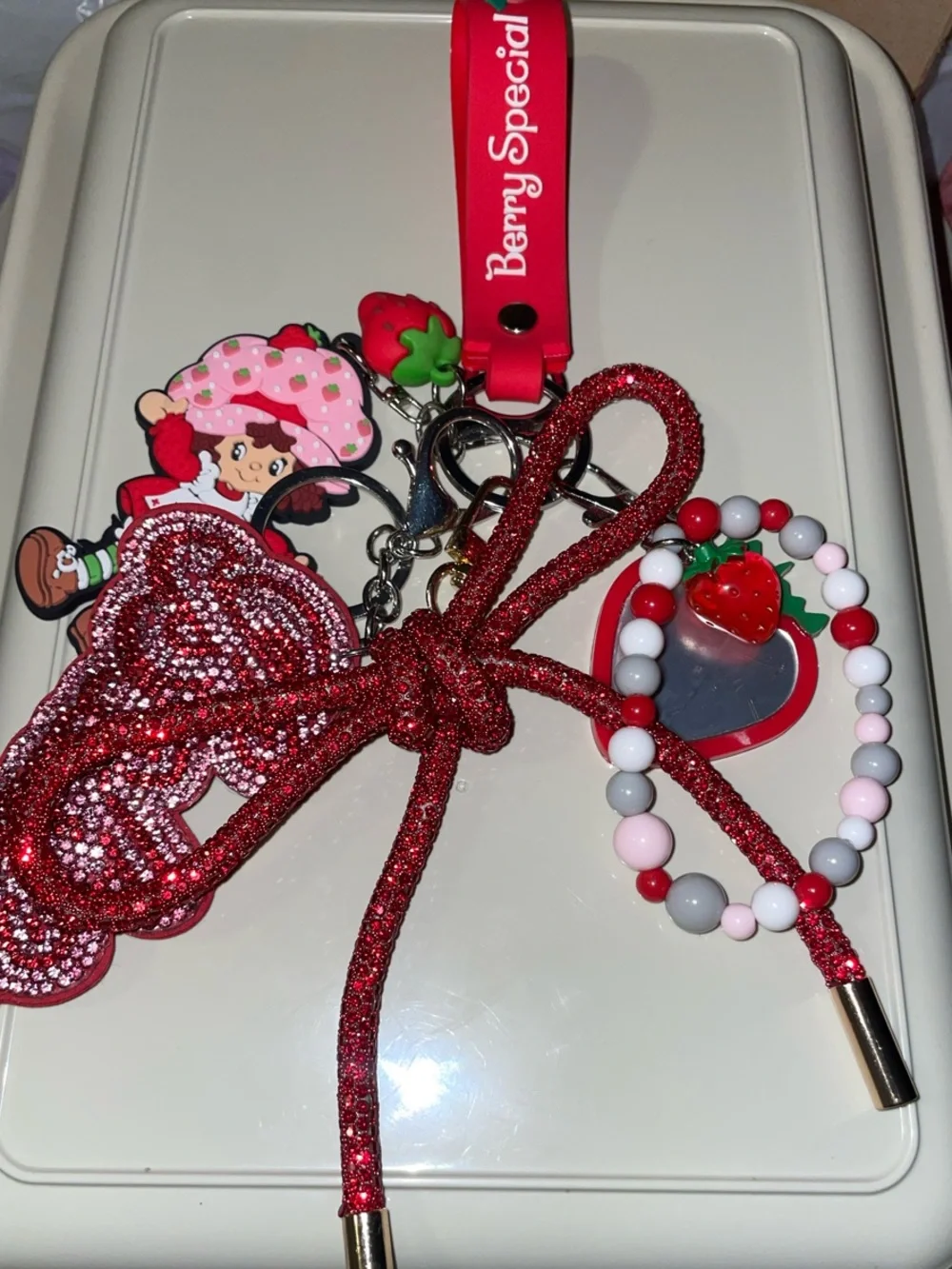 Red Strawberry Shortcake Keychain Wristlet with Beaded Charm